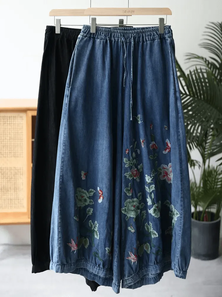 Babakud Women Autumn Floral Comfortable Cotton Denim Pants