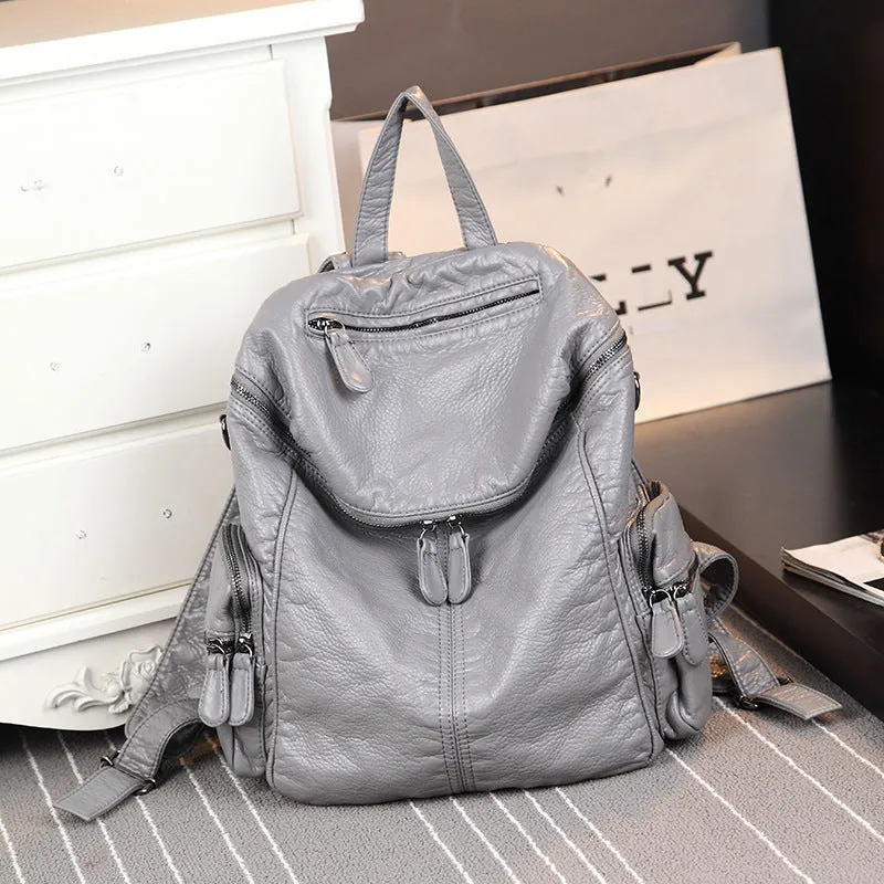 Backpack New Personalized Multi-Purpose Washed Fabric Imitation Cowhide Large Capacity Textured Women's Bag Fashion All-Matching