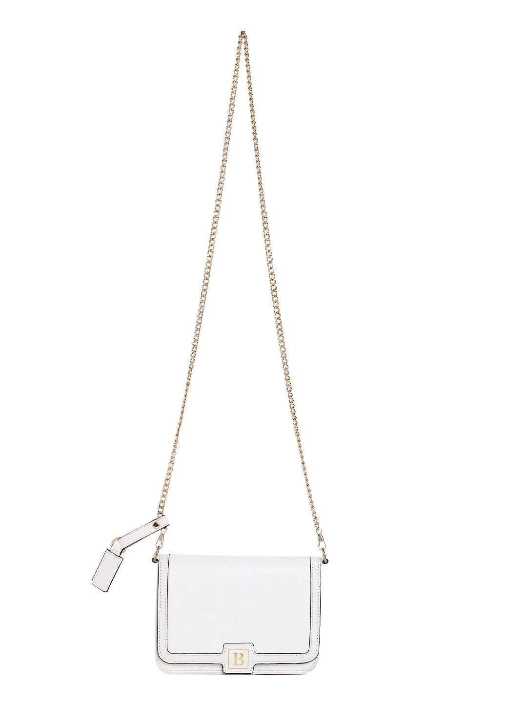 Berrylush Women White & Gold Textured Pattern Synthetic Leather Detachable Sling Strap Bag