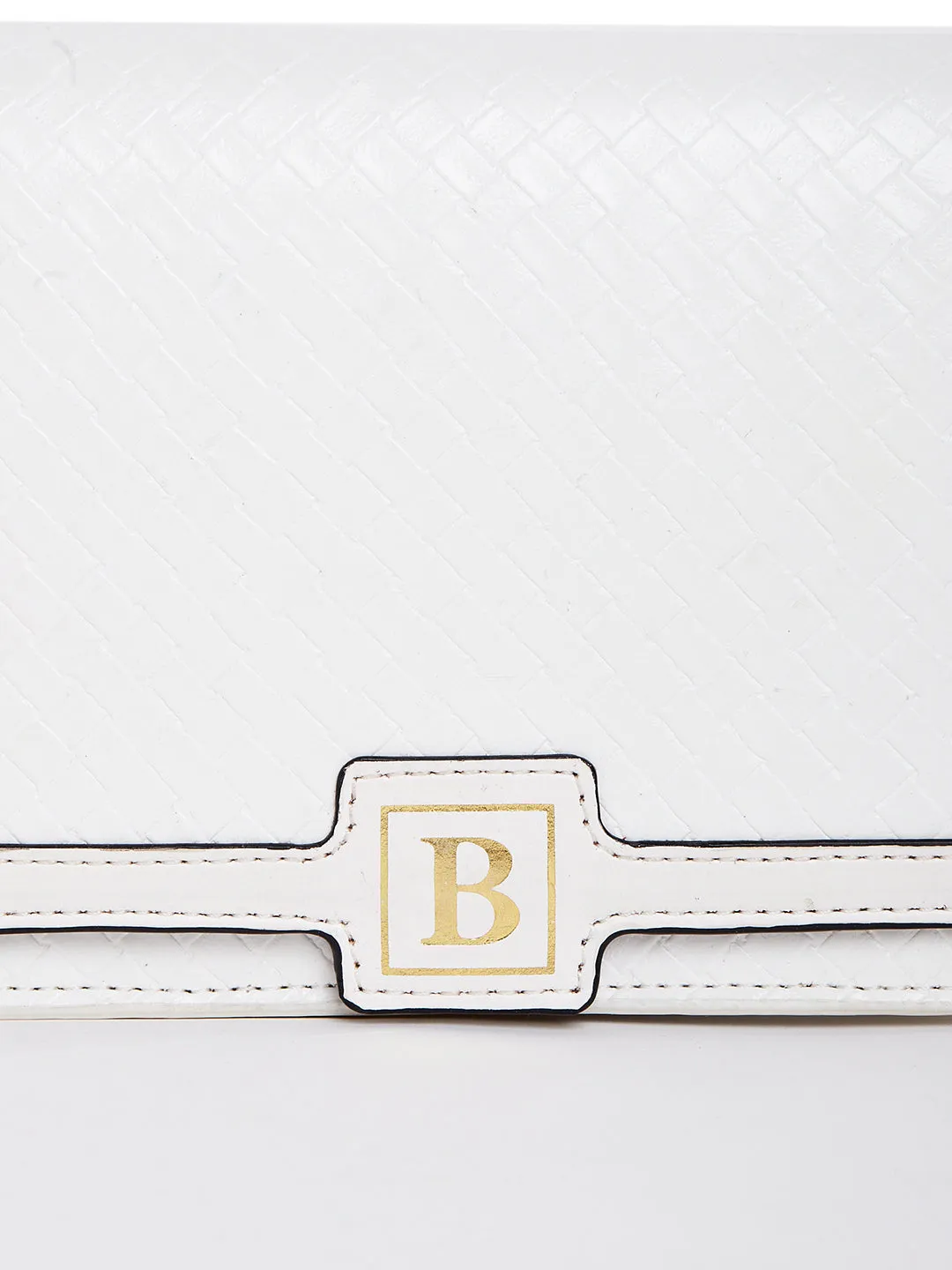 Berrylush Women White & Gold Textured Pattern Synthetic Leather Detachable Sling Strap Bag