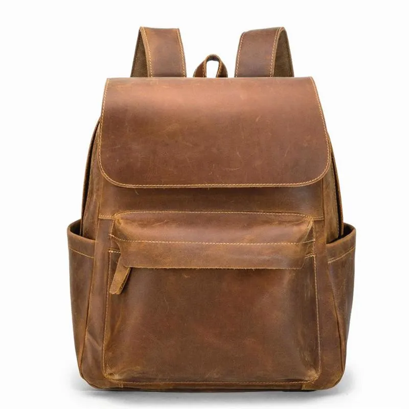 Best Brown Mens Leather 14 inches School Backpack Travel Backpack Top Computer Backpack For Men