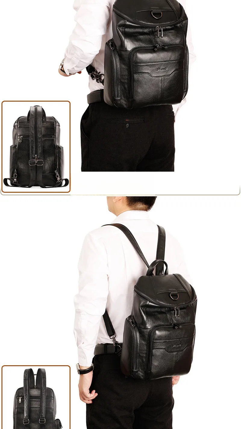 Black Leather Large Sling Bag For Men Convertible Sling Backpack For Big Men