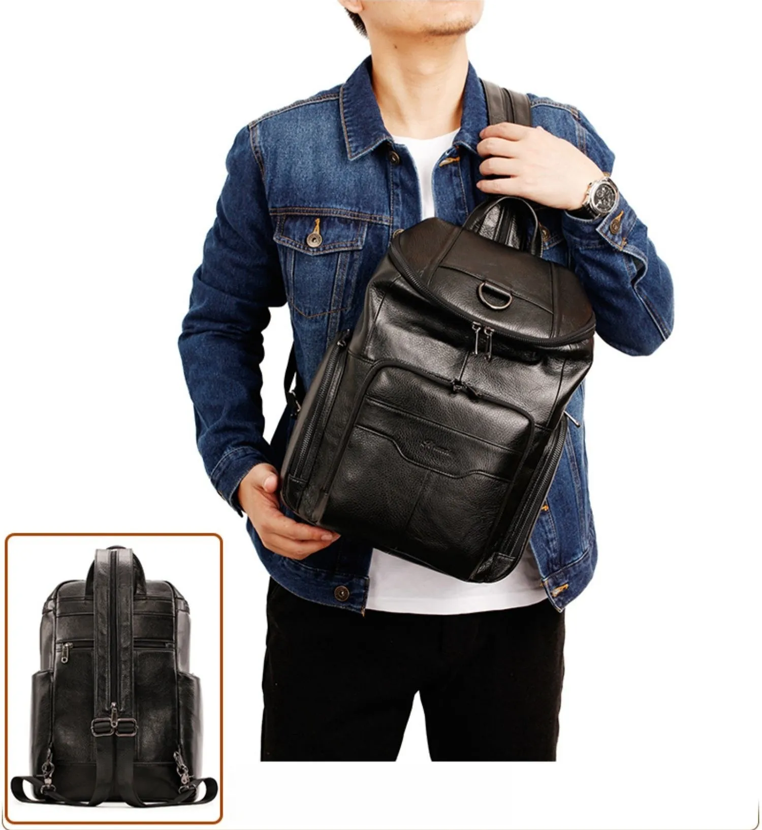 Black Leather Large Sling Bag For Men Convertible Sling Backpack For Big Men