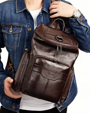 Black Leather Large Sling Bag For Men Convertible Sling Backpack For Big Men