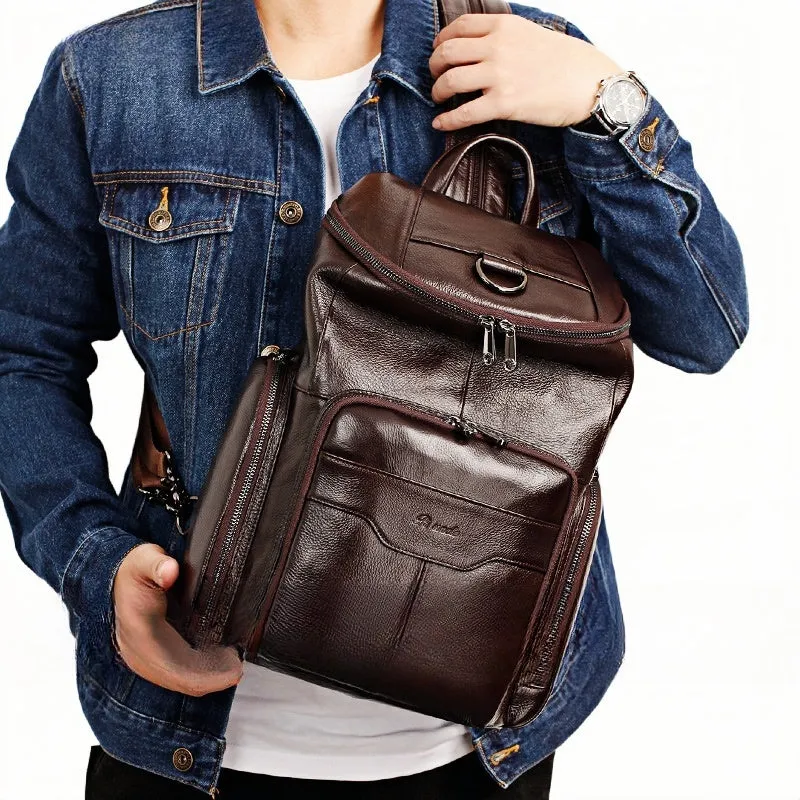 Black Leather Large Sling Bag For Men Convertible Sling Backpack For Big Men