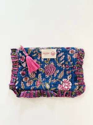 Block Printed Cotton Pouch - Blue & Pink