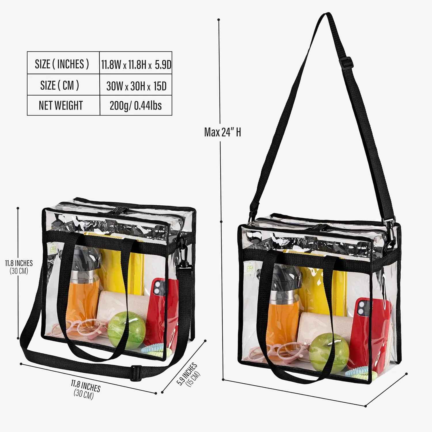 Clear Bag w/Adjustable Strap, Stadium Approved Transparent Crossbody Tote Bags 2 Pack