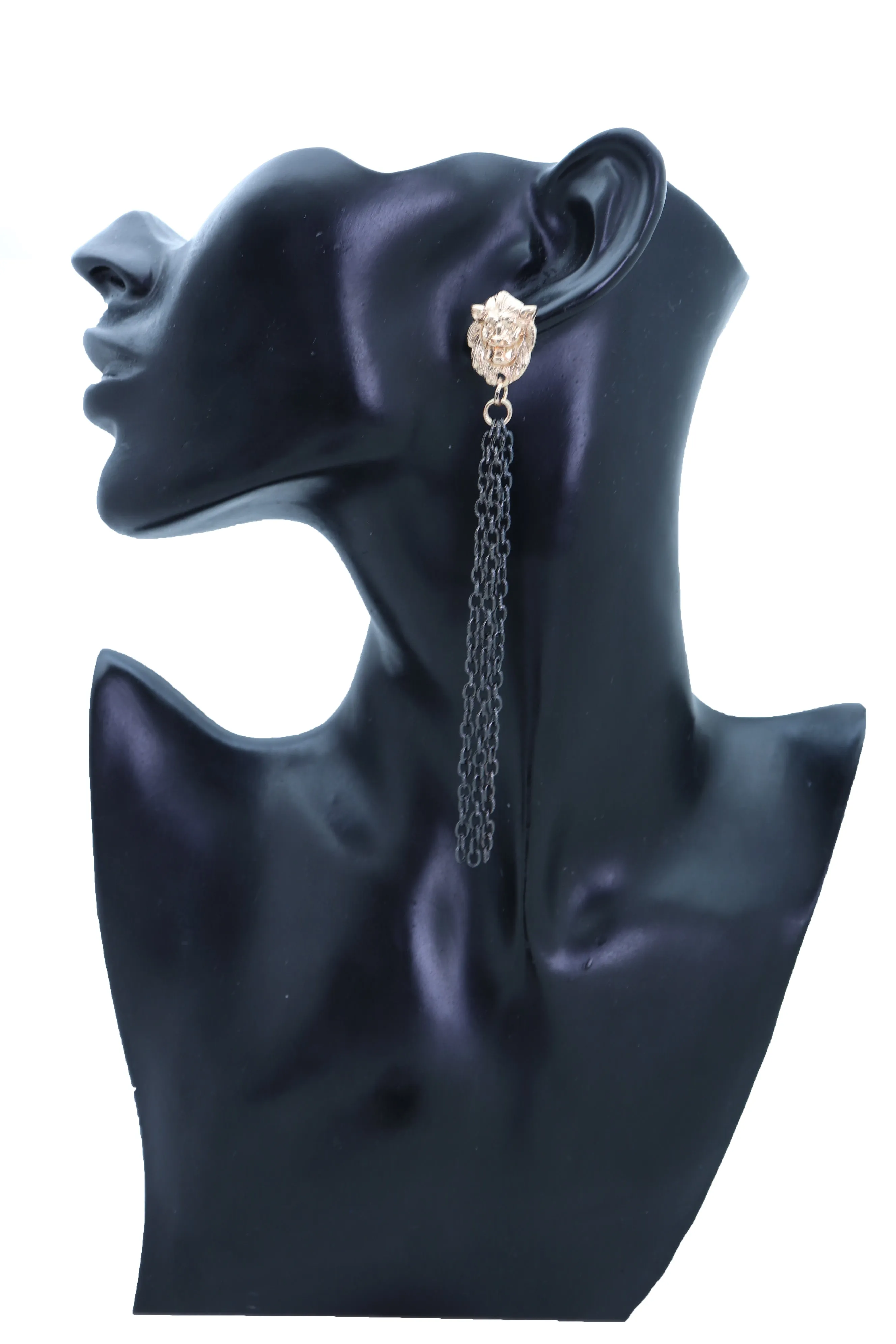 Hook Earrings Set Black Metal Chain Long Tassel Gold Lion