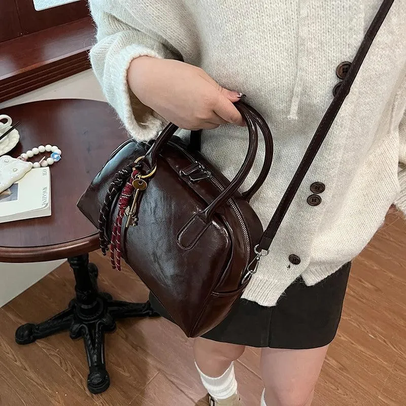 Leather Women Tote Bags Double Zipper Tassel Accessories Medium Purses