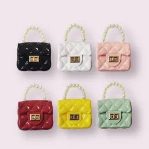 Mini Jelly Purse Flap Handbag with Pearls Top Handle Faux Quilted Crossbody Bag