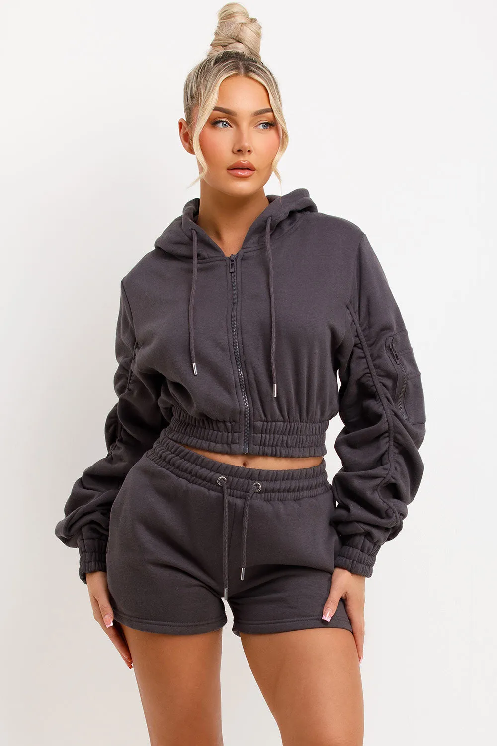 Ruched Sleeves Crop Hoodie And Short Tracksuit Co-ord Set