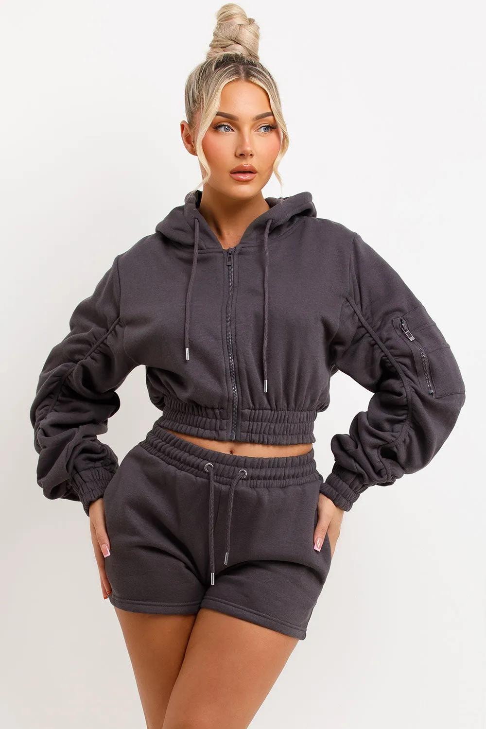 Ruched Sleeves Crop Hoodie And Short Tracksuit Co-ord Set