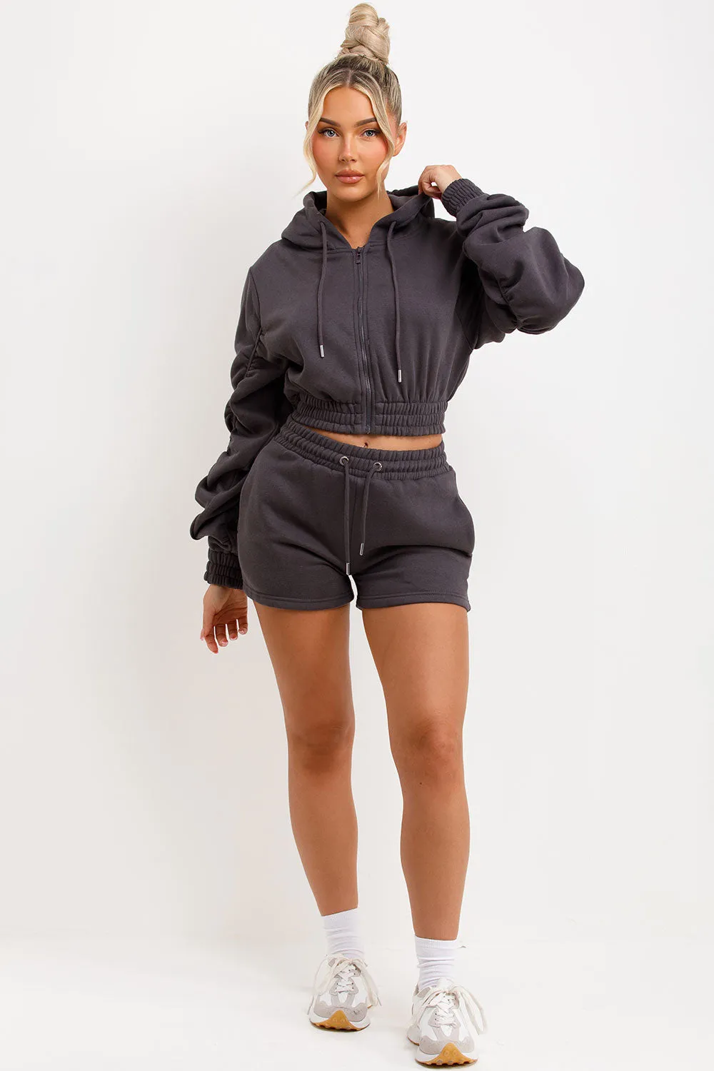 Ruched Sleeves Crop Hoodie And Short Tracksuit Co-ord Set