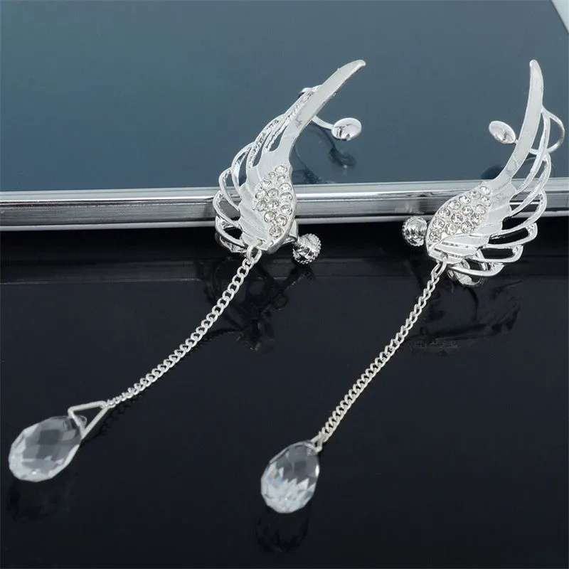 Silver Plated Angel Wing Stylist Crystal Earrings Drop Dangle For Women