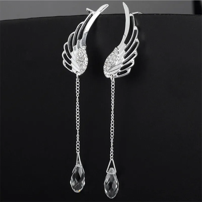 Silver Plated Angel Wing Stylist Crystal Earrings Drop Dangle For Women