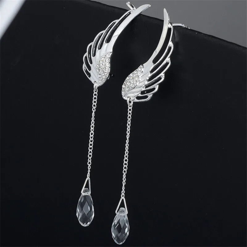 Silver Plated Angel Wing Stylist Crystal Earrings Drop Dangle For Women