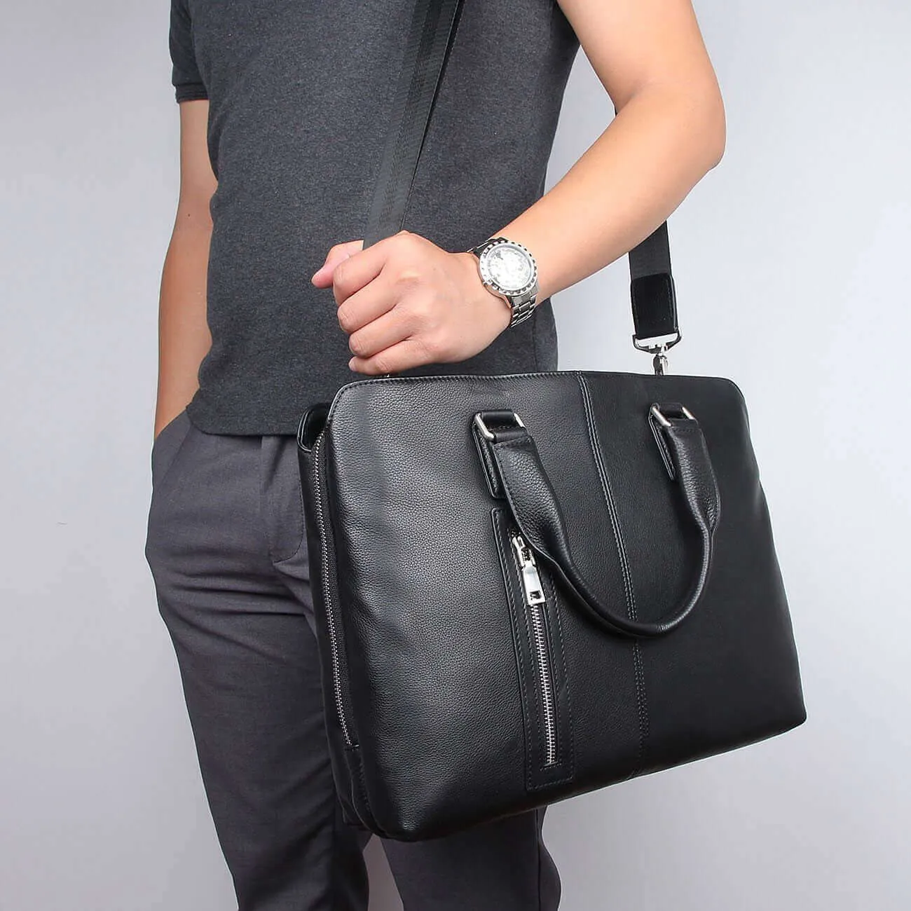 Sleek Black Leather Laptop Bag for Professionals