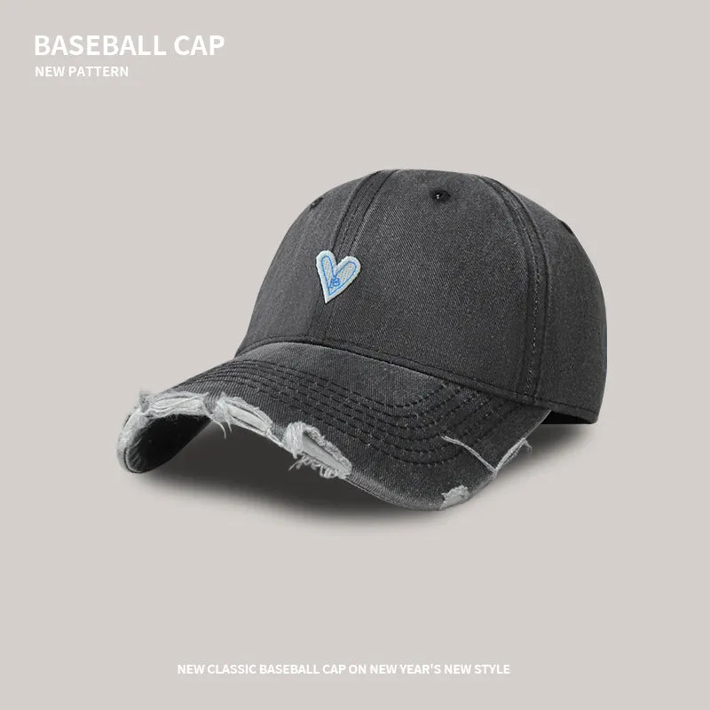 Soft top baseball cap female cartoon love washed hole visor peaked cap Korean style trendy sweet cool wide brim peaked cap