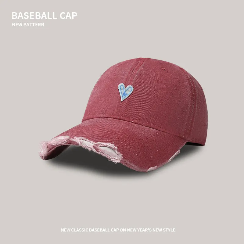 Soft top baseball cap female cartoon love washed hole visor peaked cap Korean style trendy sweet cool wide brim peaked cap