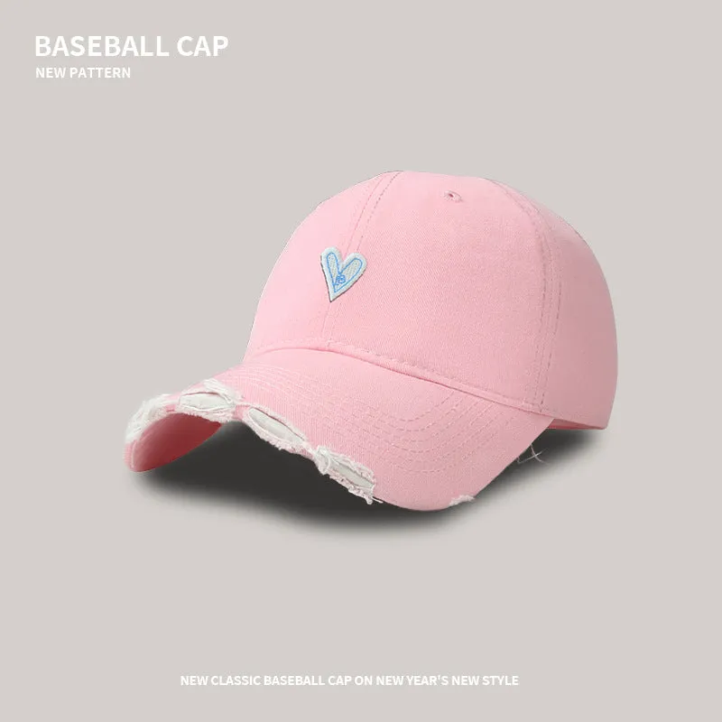 Soft top baseball cap female cartoon love washed hole visor peaked cap Korean style trendy sweet cool wide brim peaked cap