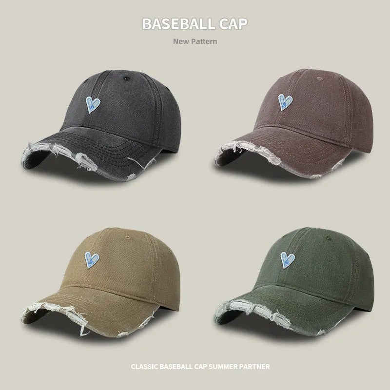 Soft top baseball cap female cartoon love washed hole visor peaked cap Korean style trendy sweet cool wide brim peaked cap