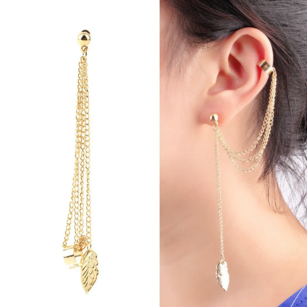 Tassel Chains Leaf Pendant Ear Cuff Elegant Women Girls Clip Stud Earring