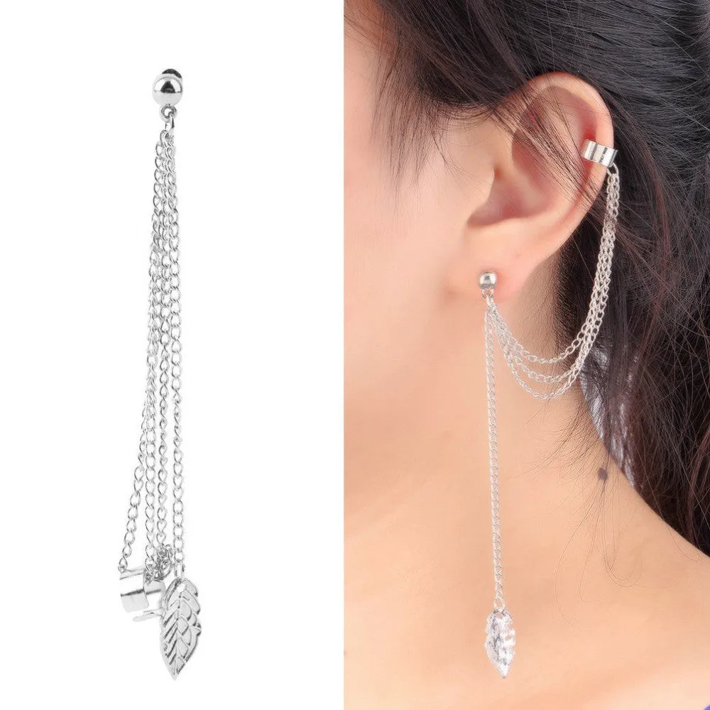 Tassel Chains Leaf Pendant Ear Cuff Elegant Women Girls Clip Stud Earring