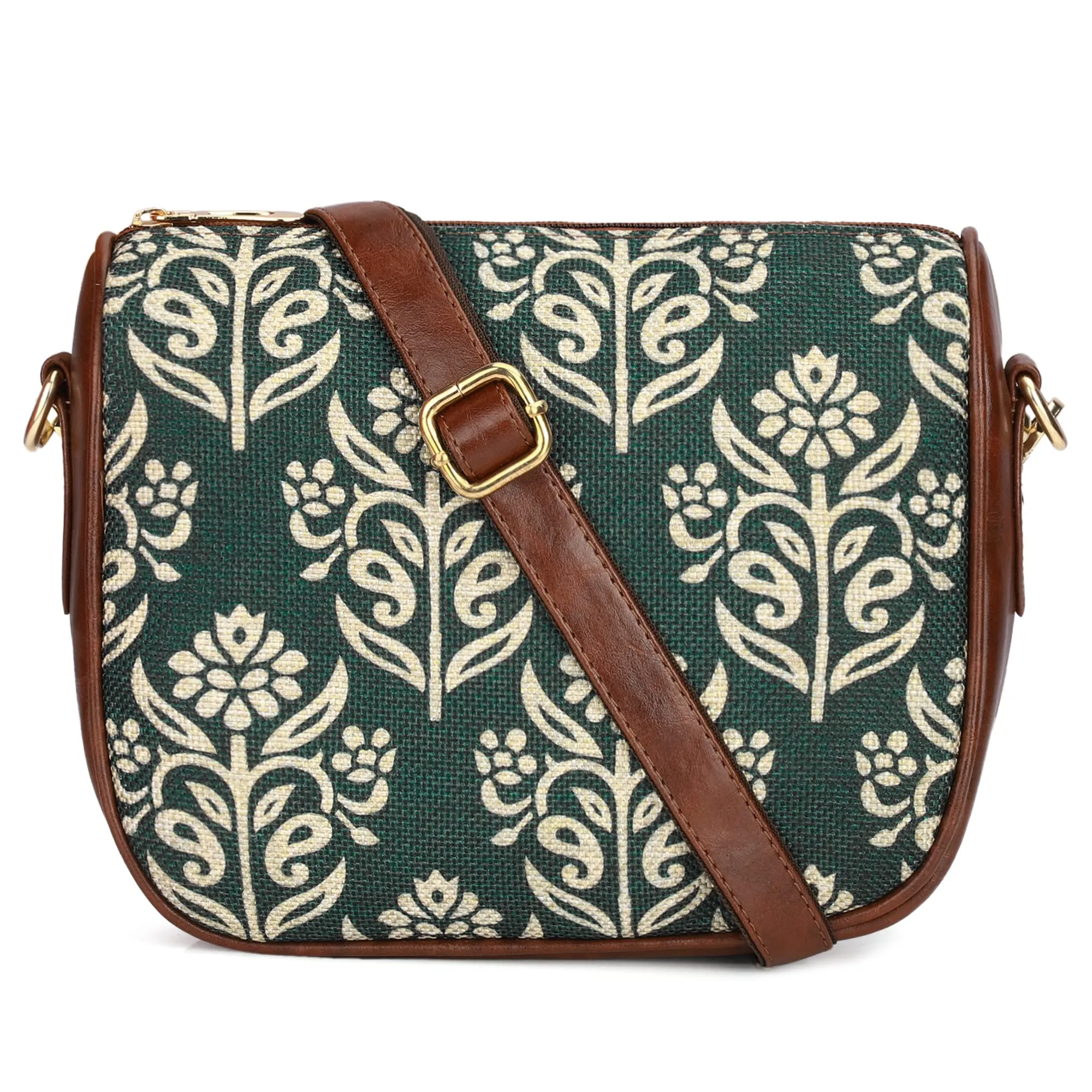 The Clownfish Garnet Series Printed Handicraft Fabric & Tapestry Crossbody Sling Bag for Women Ladies Single Shoulder Bag Shoulder Belt (Bottle Green)