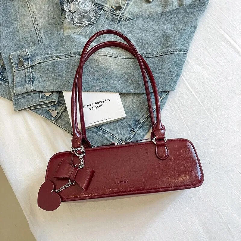 Tote Small Handbags Leather Baguette Rectangle Bow Heart Tassel Zipper Underarm