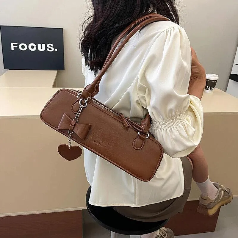 Tote Small Handbags Leather Baguette Rectangle Bow Heart Tassel Zipper Underarm