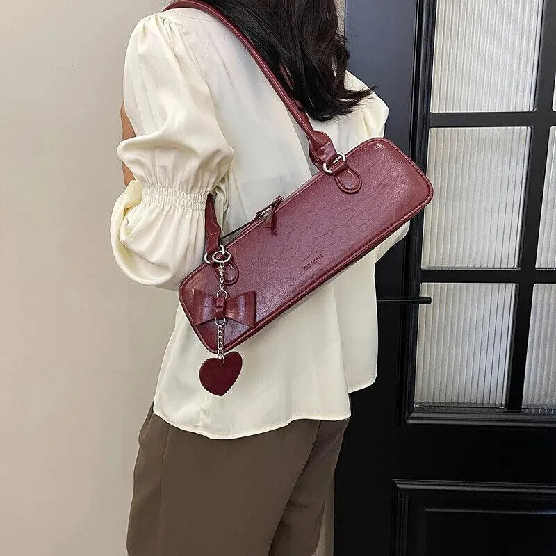 Tote Small Handbags Leather Baguette Rectangle Bow Heart Tassel Zipper Underarm