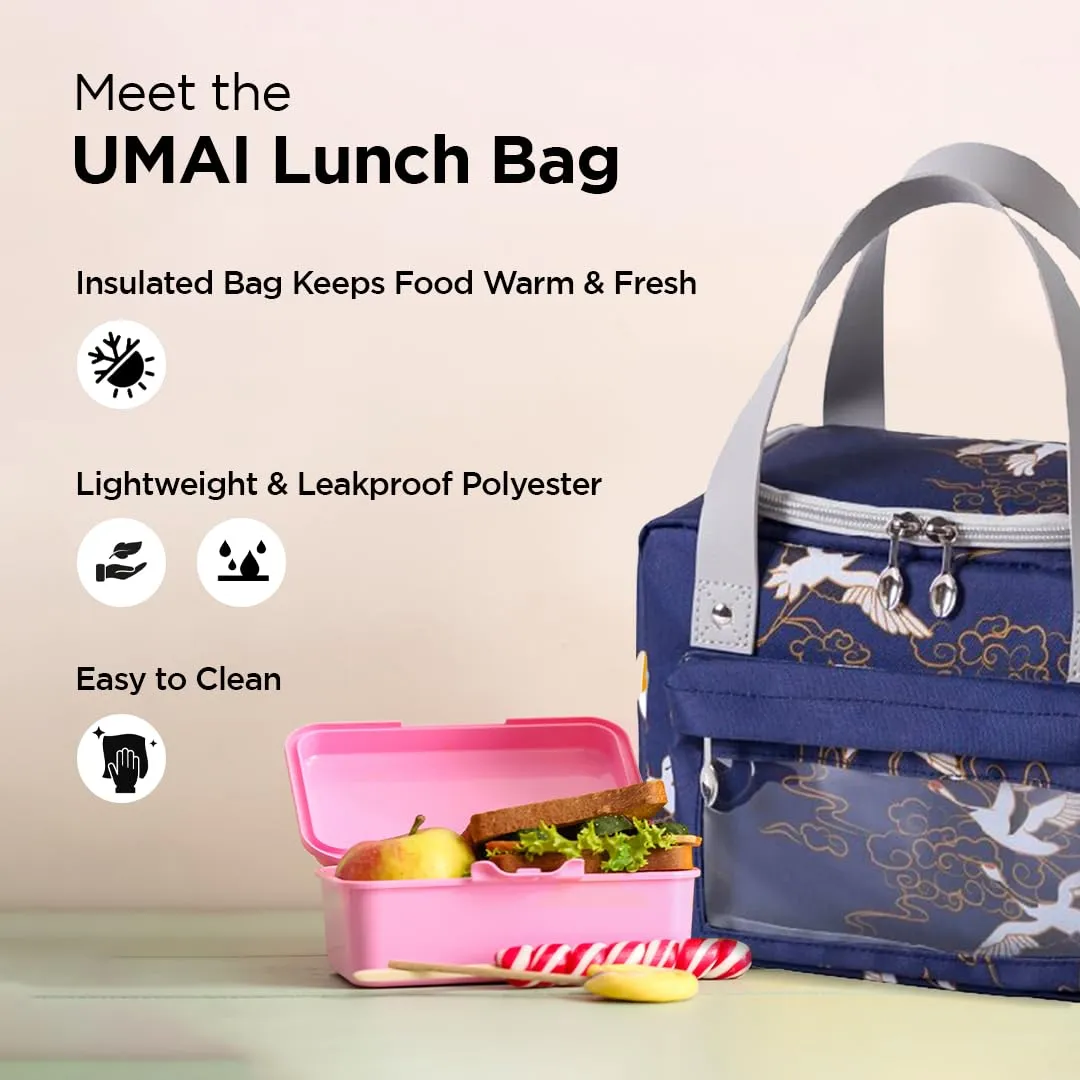 UMAI Insulated Lunch/Tiffin/Storage Bag for Kids, Women & Men | Ideal Tote Bag for Office/School/Outdoor Activities-Lightweight, Durable Handle, Front Pocket for Napkins, Cutlery (Navy Blue)