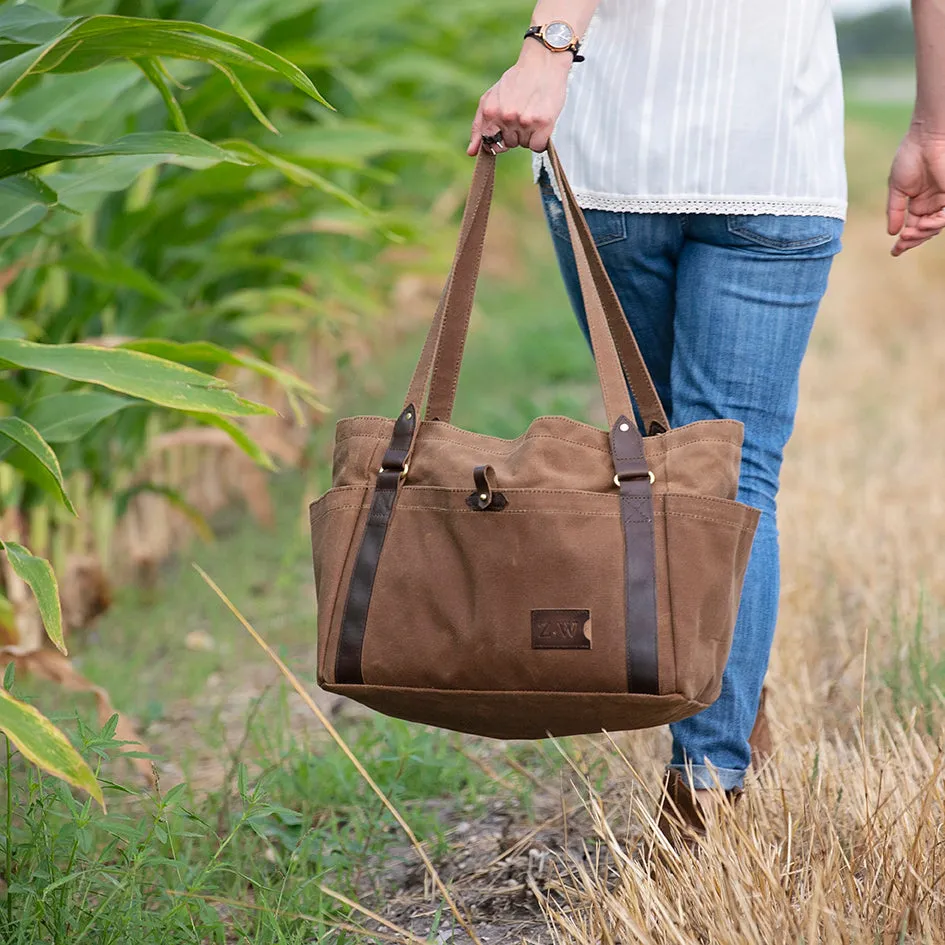 Waxed Canvas Large Tote Bag with Pockets - Brown