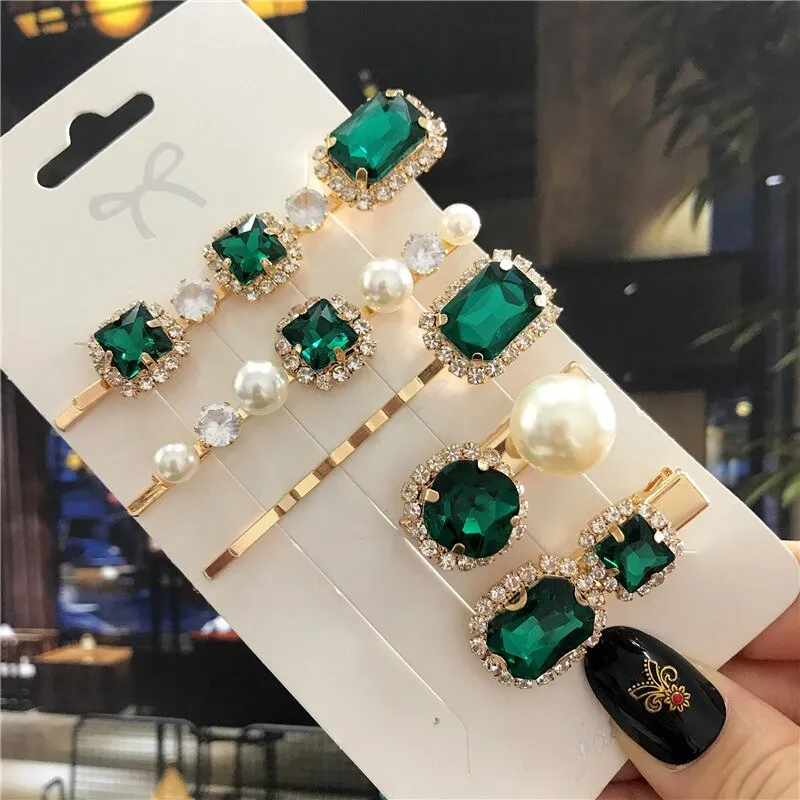 Wenkouban 2022 New Green Crystal Hair Clip Hairpins for Women Fashion Simulated Pearl Hair Accessories Set Luxury Wedding Female Ornaments