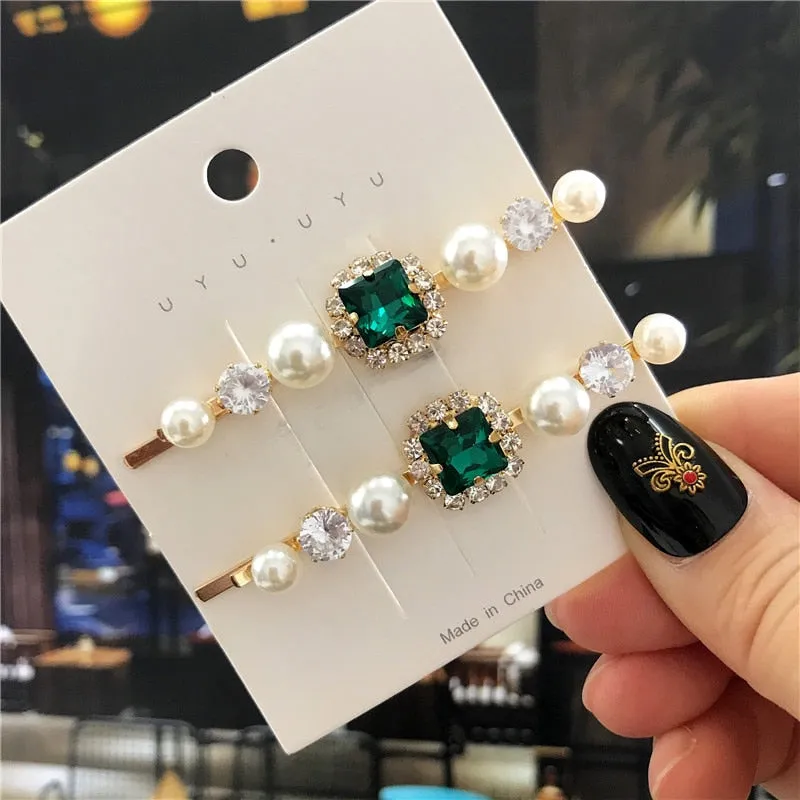 Wenkouban 2022 New Green Crystal Hair Clip Hairpins for Women Fashion Simulated Pearl Hair Accessories Set Luxury Wedding Female Ornaments