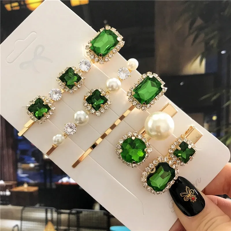 Wenkouban 2022 New Green Crystal Hair Clip Hairpins for Women Fashion Simulated Pearl Hair Accessories Set Luxury Wedding Female Ornaments