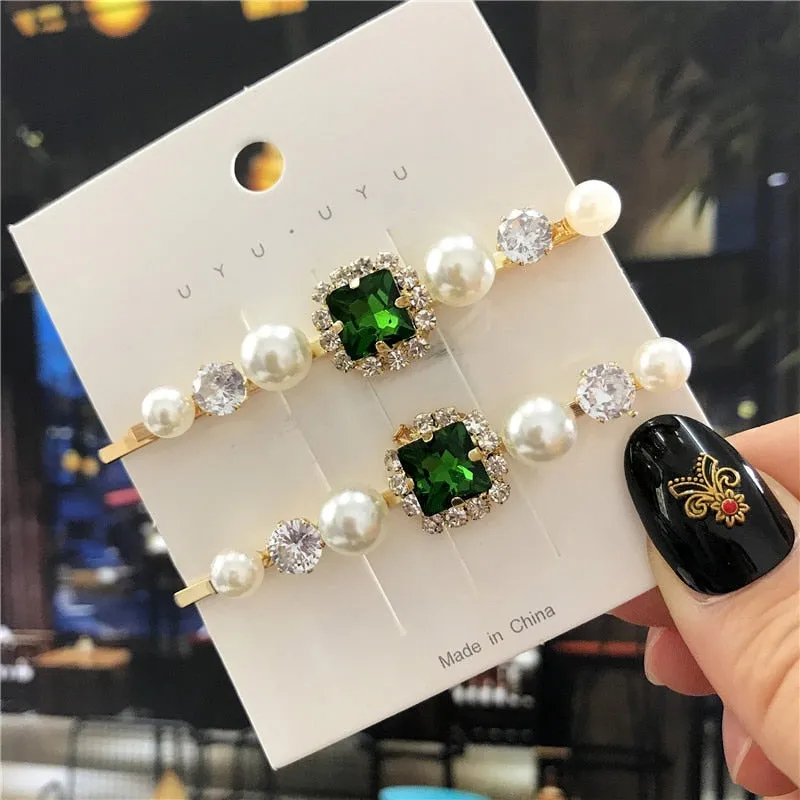 Wenkouban 2022 New Green Crystal Hair Clip Hairpins for Women Fashion Simulated Pearl Hair Accessories Set Luxury Wedding Female Ornaments