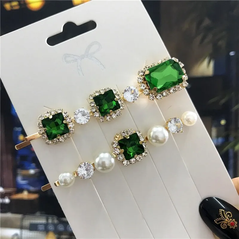 Wenkouban 2022 New Green Crystal Hair Clip Hairpins for Women Fashion Simulated Pearl Hair Accessories Set Luxury Wedding Female Ornaments