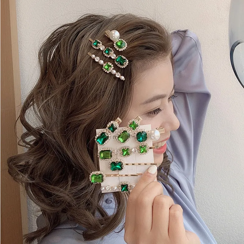 Wenkouban 2022 New Green Crystal Hair Clip Hairpins for Women Fashion Simulated Pearl Hair Accessories Set Luxury Wedding Female Ornaments