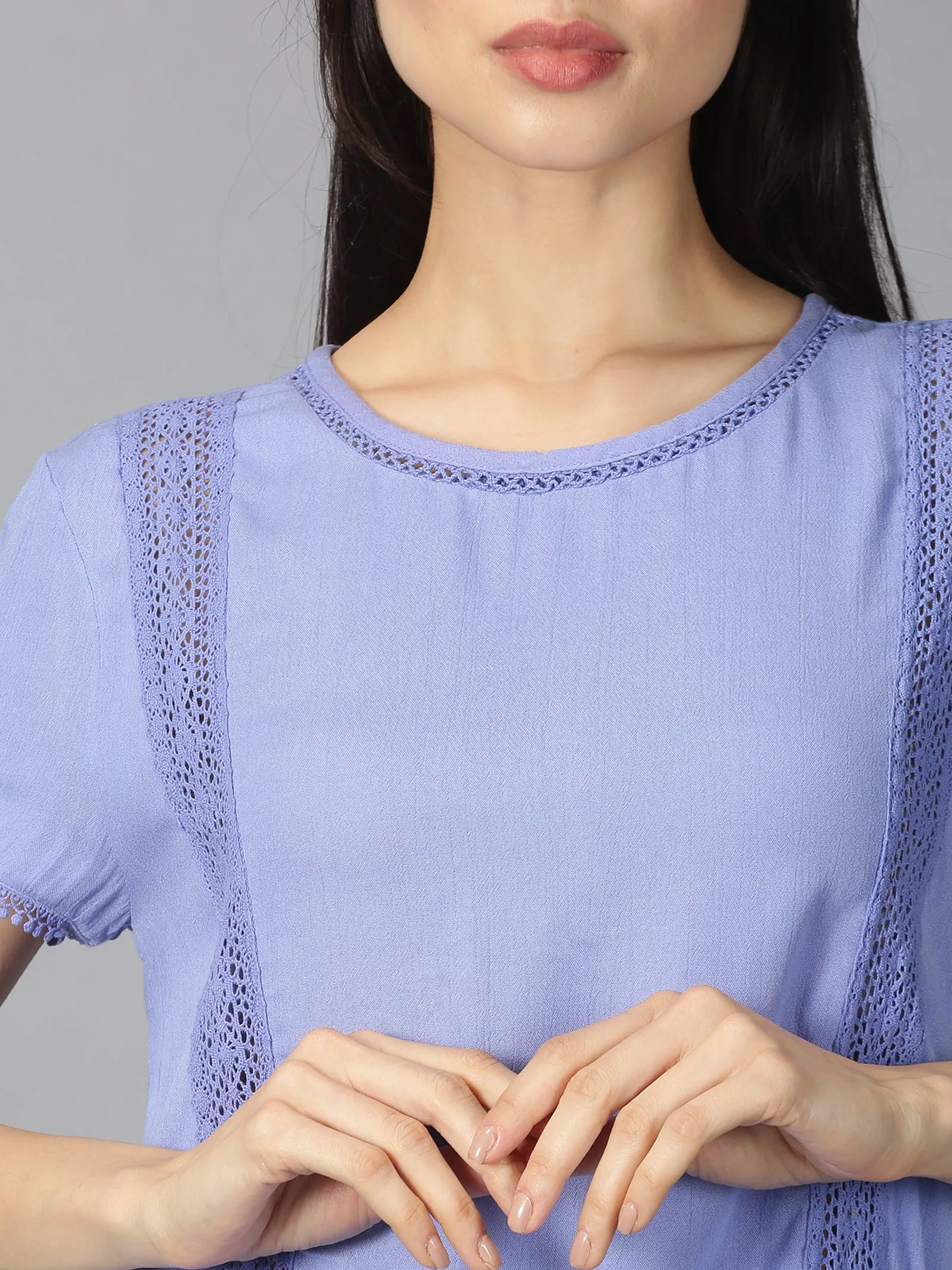 Women Blue Trendy Laced Round Neck Regular Top