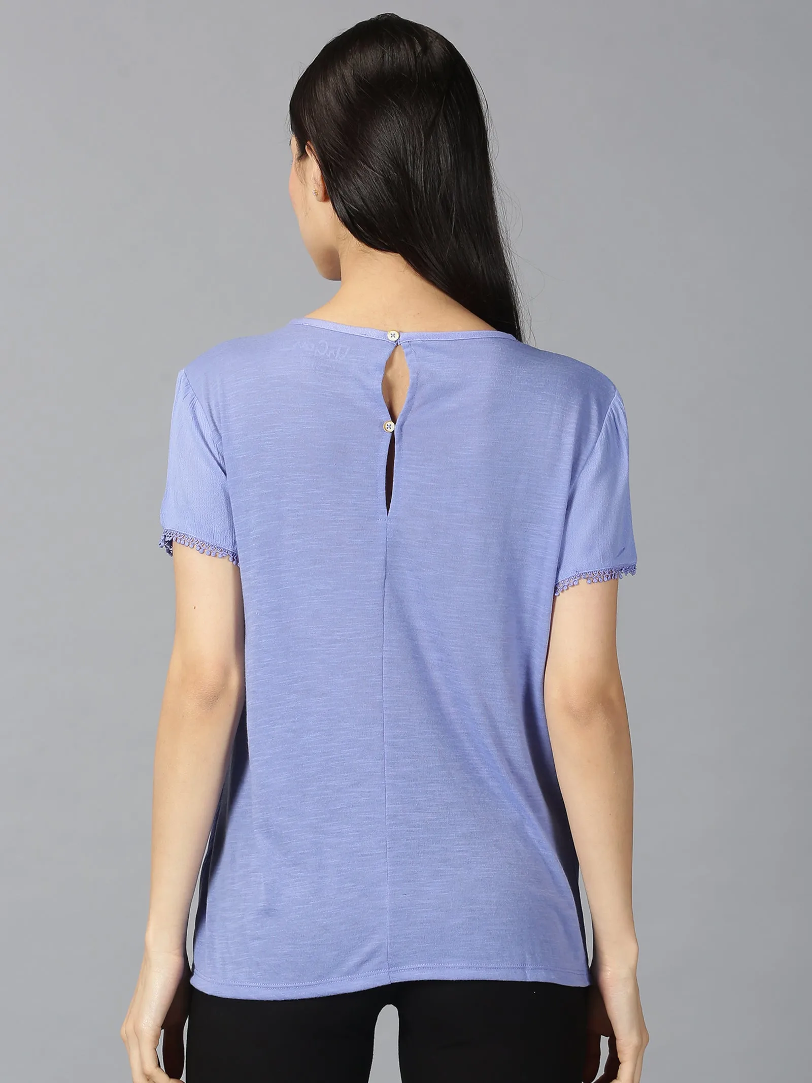 Women Blue Trendy Laced Round Neck Regular Top