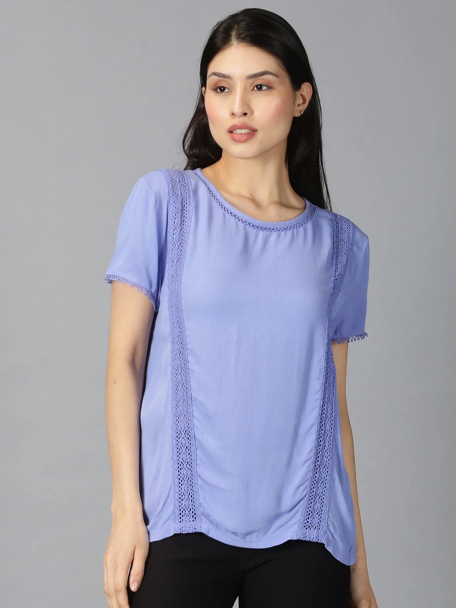 Women Blue Trendy Laced Round Neck Regular Top