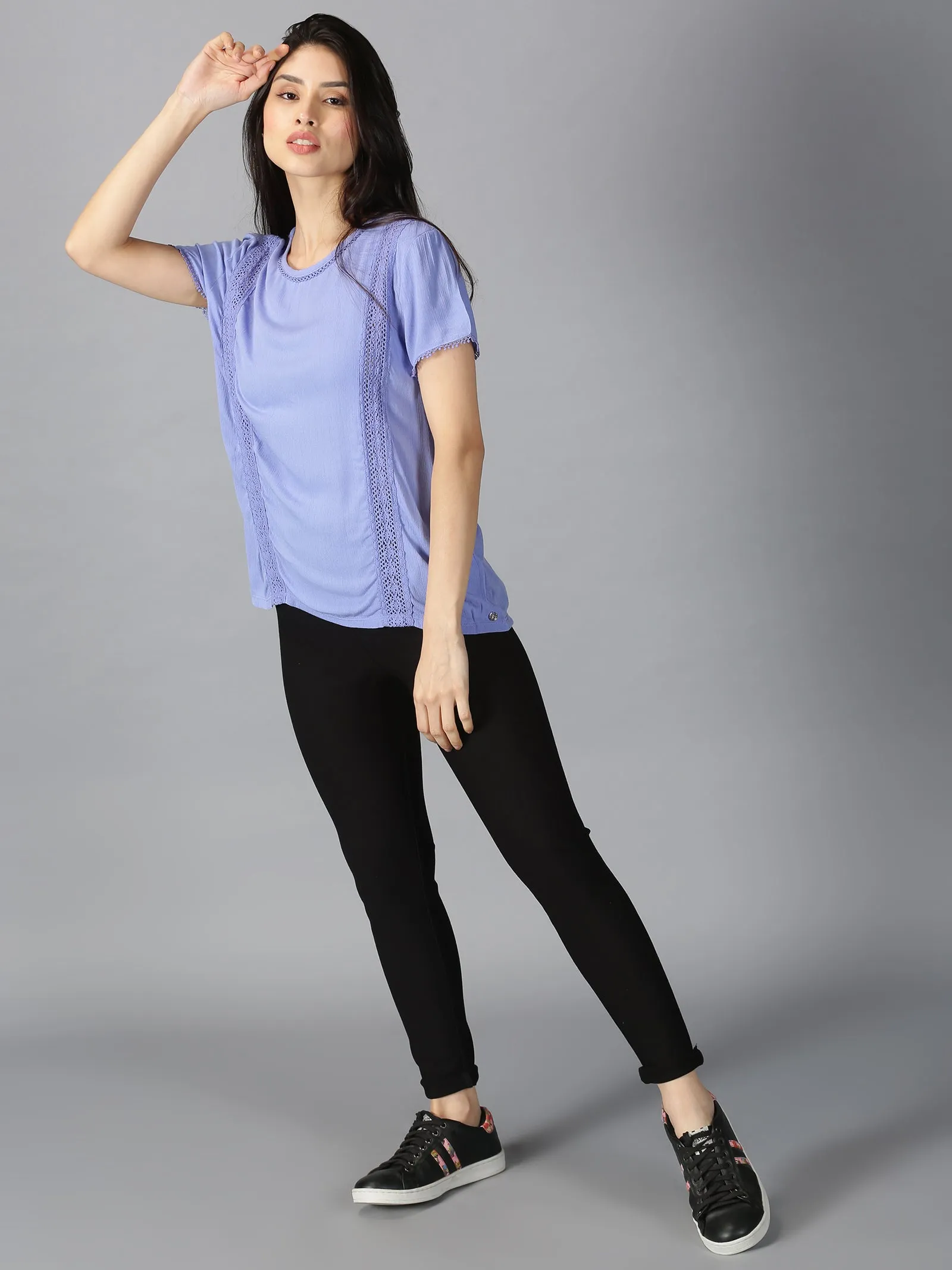 Women Blue Trendy Laced Round Neck Regular Top