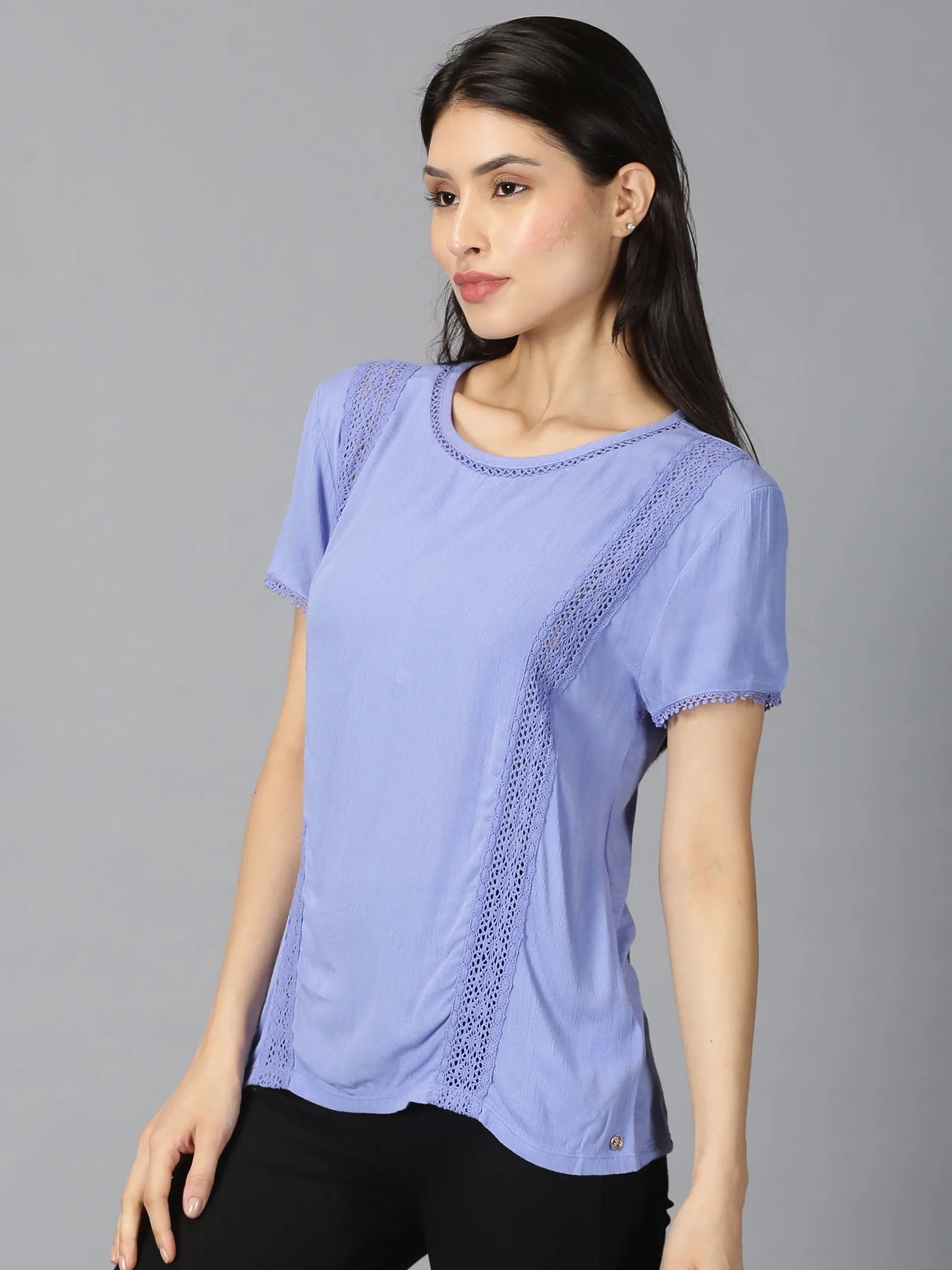 Women Blue Trendy Laced Round Neck Regular Top